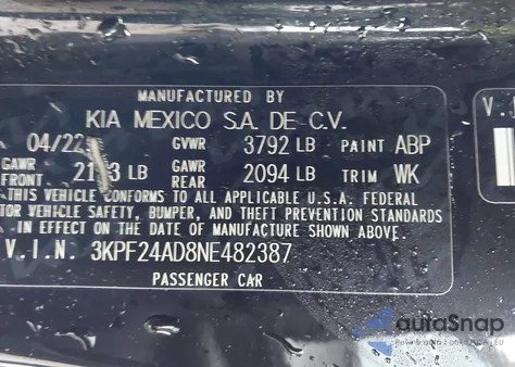 2022 Kia Forte Lxs from USA, damaged, VIN 3KPF24AD8NE482387